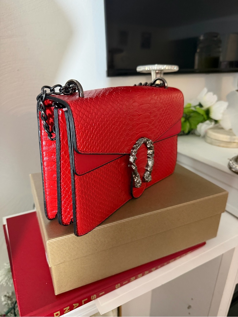 Red Textured Chain Shoulder Bag with Silver Hardware
